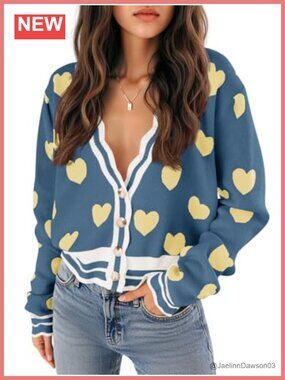 Women's Cute Heart Cardigan Sweater Button V Neck Long Sleeve Color Block Knit